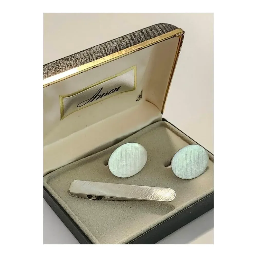 Vintage Anson Brushed Silver Cuff Links and Tie Clip, NEW OLD STOCK